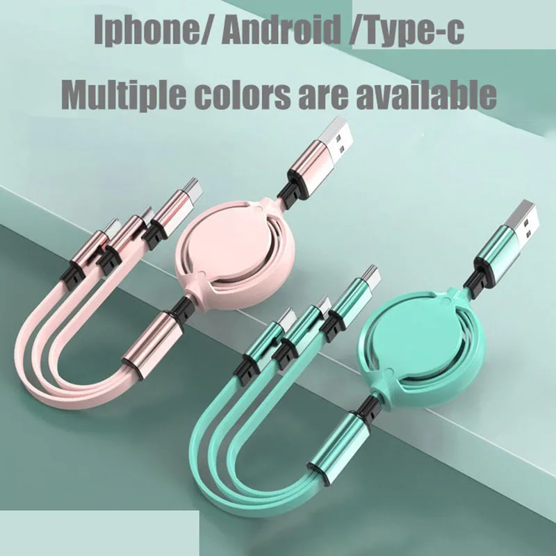 2A Double Circle Macaron 6 Color 3 In 1 Fast Charging Line Telescopic Car Applicable IPhone 8/11/15/xs Android Security