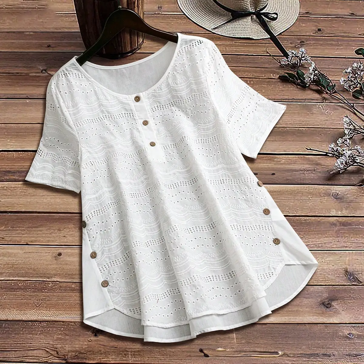 Women's Boho Chic White Eyelet Top Short Sleeve Round Neck Tunic Shirt Wooden Buttons Casual Summer Wear