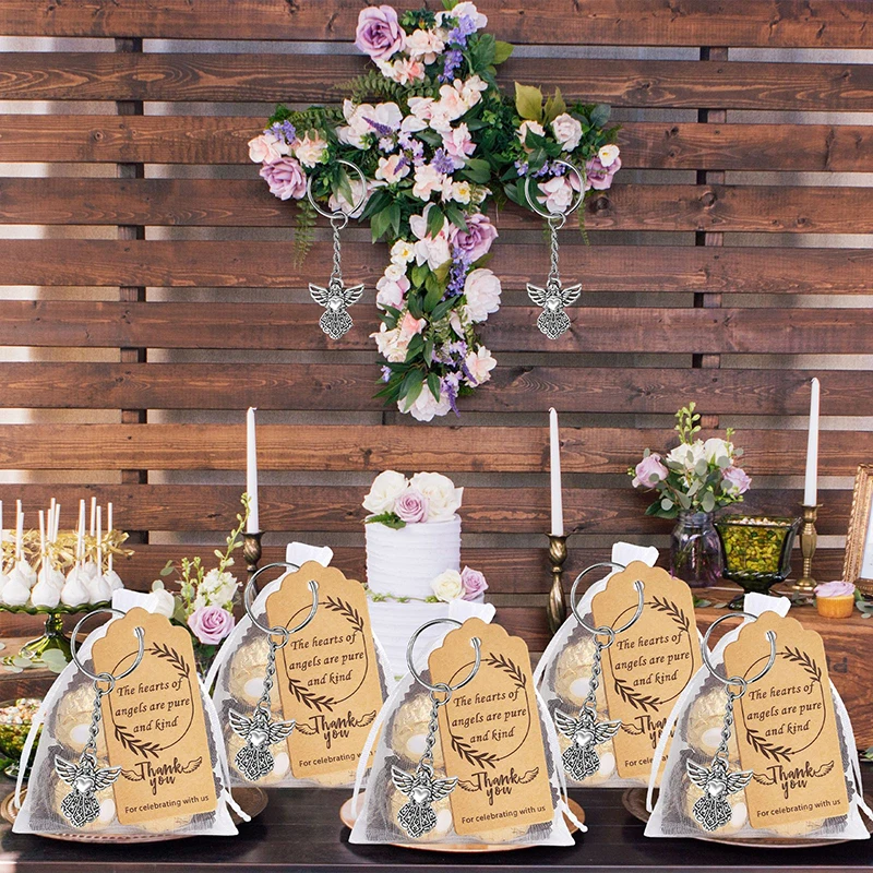 New 30 Set Angel Keychain Gift Bulk Thank You Gift Baptism Pendant Keychain Favor Key Ring With Thank You Tag Organza Bag