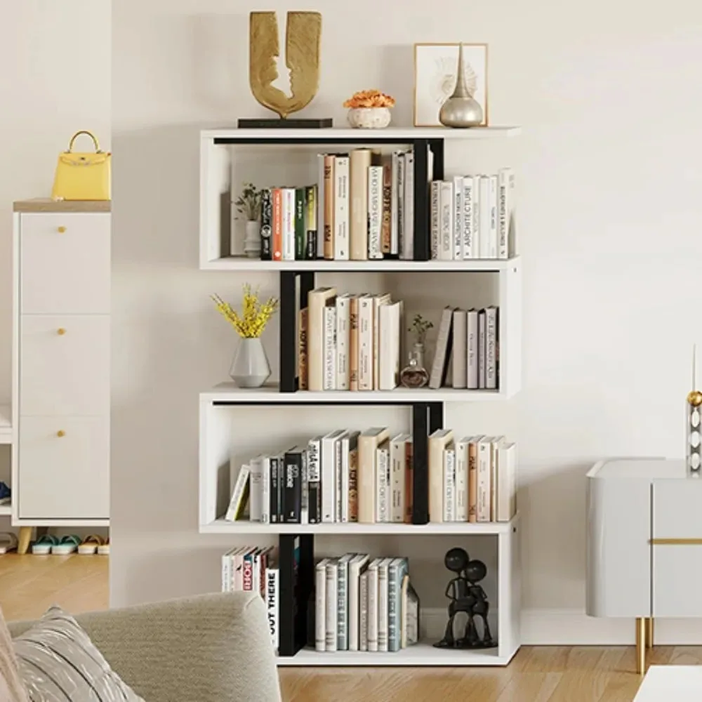 5-Tier Bookshelf Book Shelf S-Shaped Z-Shelf Bookshelves and Bookcase Cream White Living Room Furniture Home