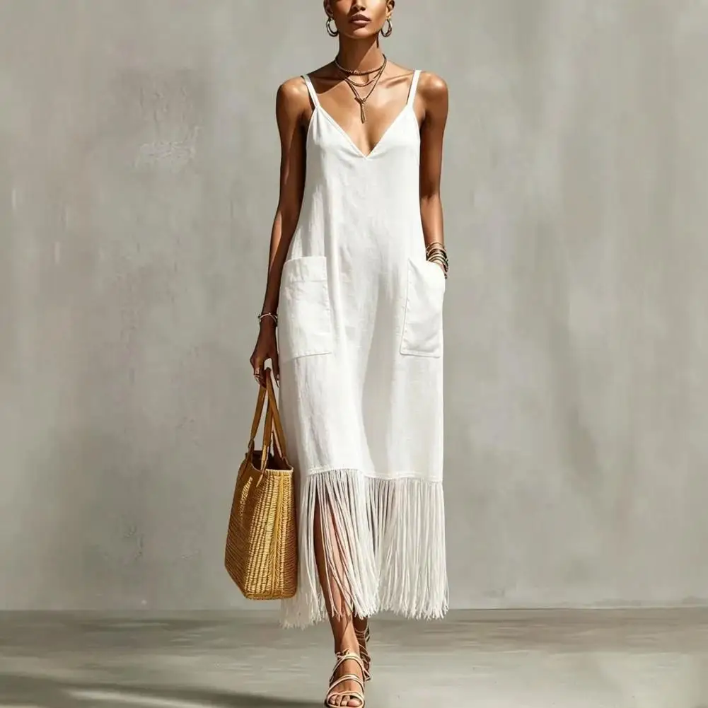 Damen Ärmelloses V-Ausschnitt Kleid mit Fransen, Langes Sommerkleid, Lässiges Lockeres Kleid mit Spaghettiträgern, Urlaubskleid mit Taschen