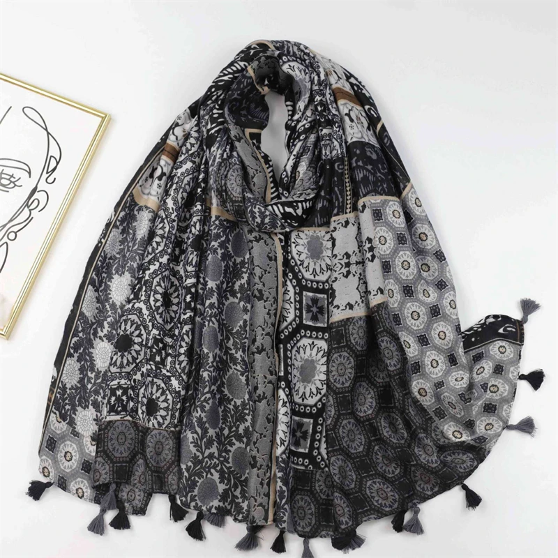 Vintage Viscose Scarves Women Design Aztec Geometric Floral Tassel Shawls And Wraps Pashmina Stole Bufandas Muslim Sjaal180*90Cm