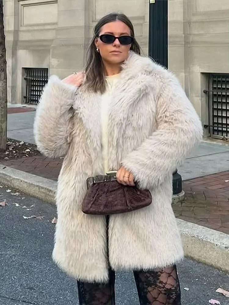 

HH Women Fashion Faux Fur Long Coat Elegant Solid Lapel Long Sleeve Jacket 2025 Autumn Winter Warm Thicken Yellow Outwear