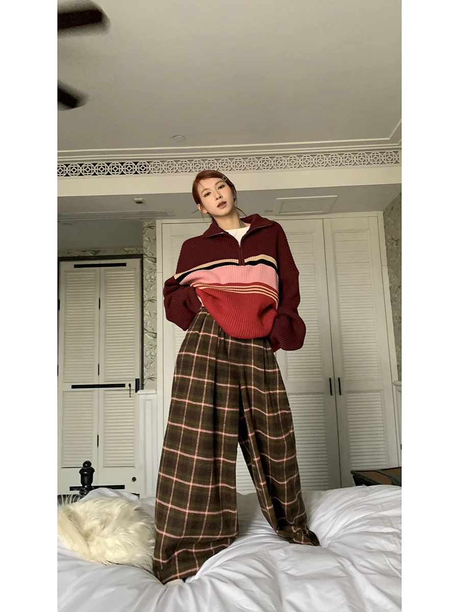 High Waist Wide Leg Woolen Pants Women's Loose Casual Plaid Trousers Autumn Winter New Sle G Sle Commute Faion