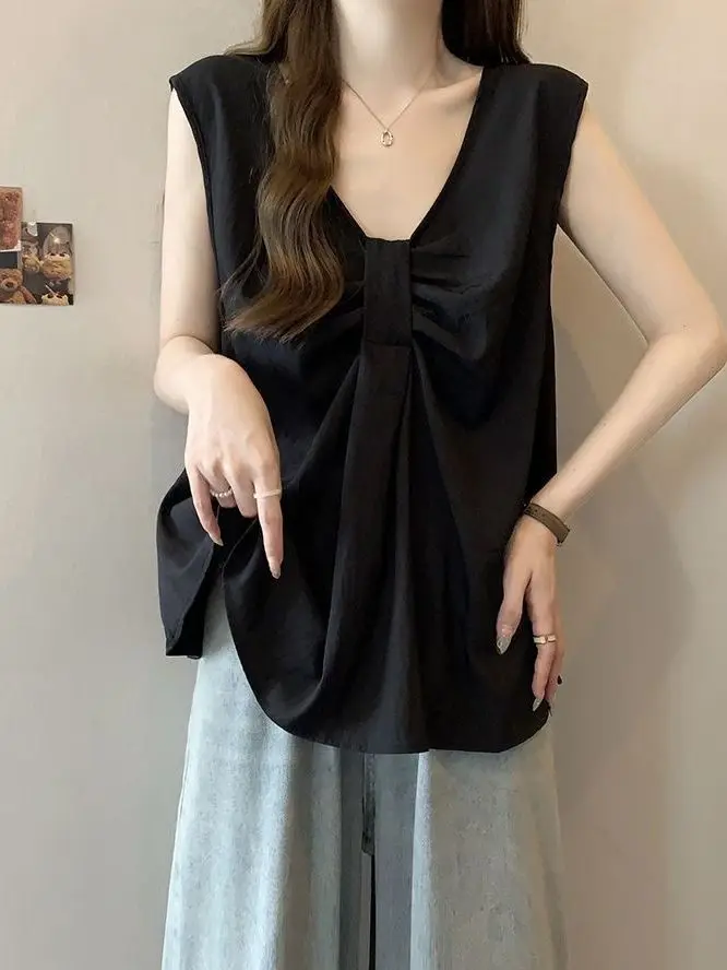 Sweet  Knot Pleated Vest Women's Summer plus Size Elegant Slimming Shirt Korean Style Loose Fit V-neck Halter Neck