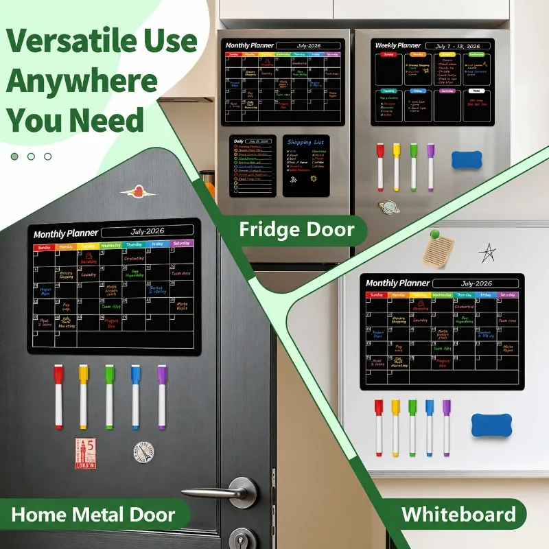 4-Piece Set of Fridge Calendar Stickers, Magnetic Reusable Calendar, Includes 4 Markers and An Eraser