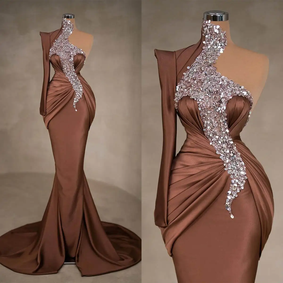 

Sheath Mermaid Evening Dress Sequins Beaded One Shoulder Long Sleeve Prom Gowns Pleats Sweep Train Formal Dresses Customized