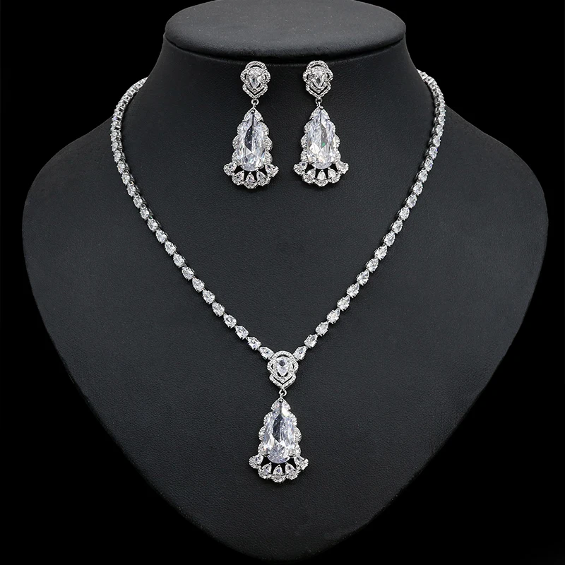 HIBRIDE Tear Drop Design Simple Fashion Cubic Zirconia Necklace Pendant and Earrings Set Fashion Jewelry Sets for Women N-368