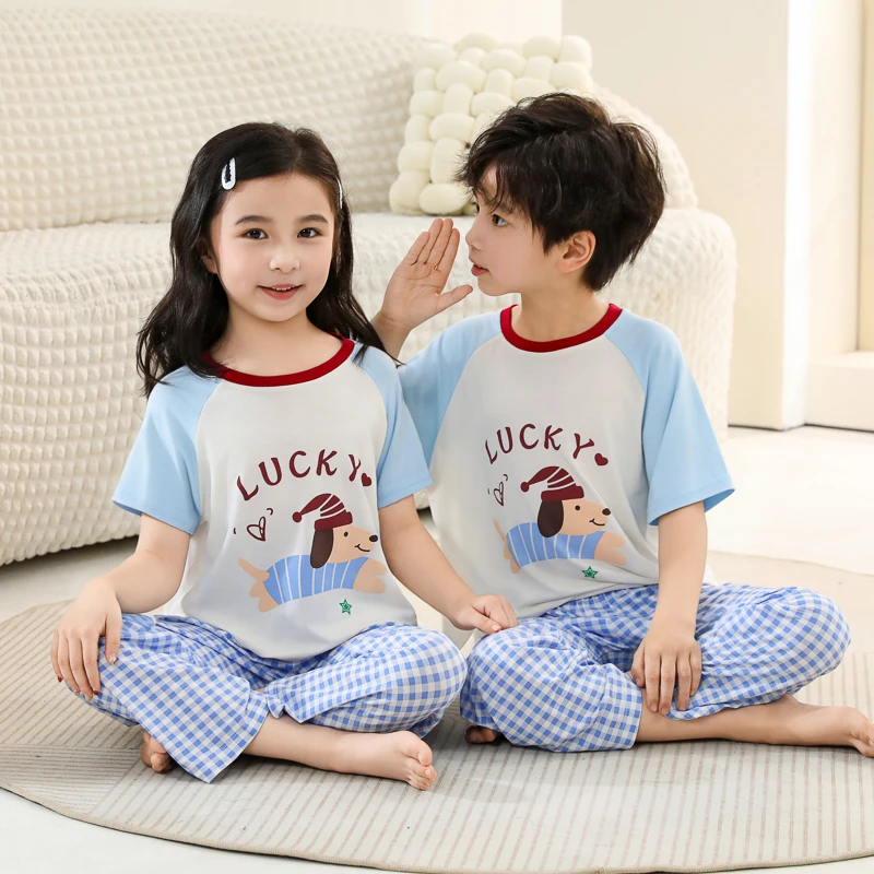 Modal-Pyjama-Set für Kinder, kurzärmelige, lange Hosen, Cartoon-Loungewear, atmungsaktive, kühle, weiche Nachtwäsche für Jungen und Mädchen