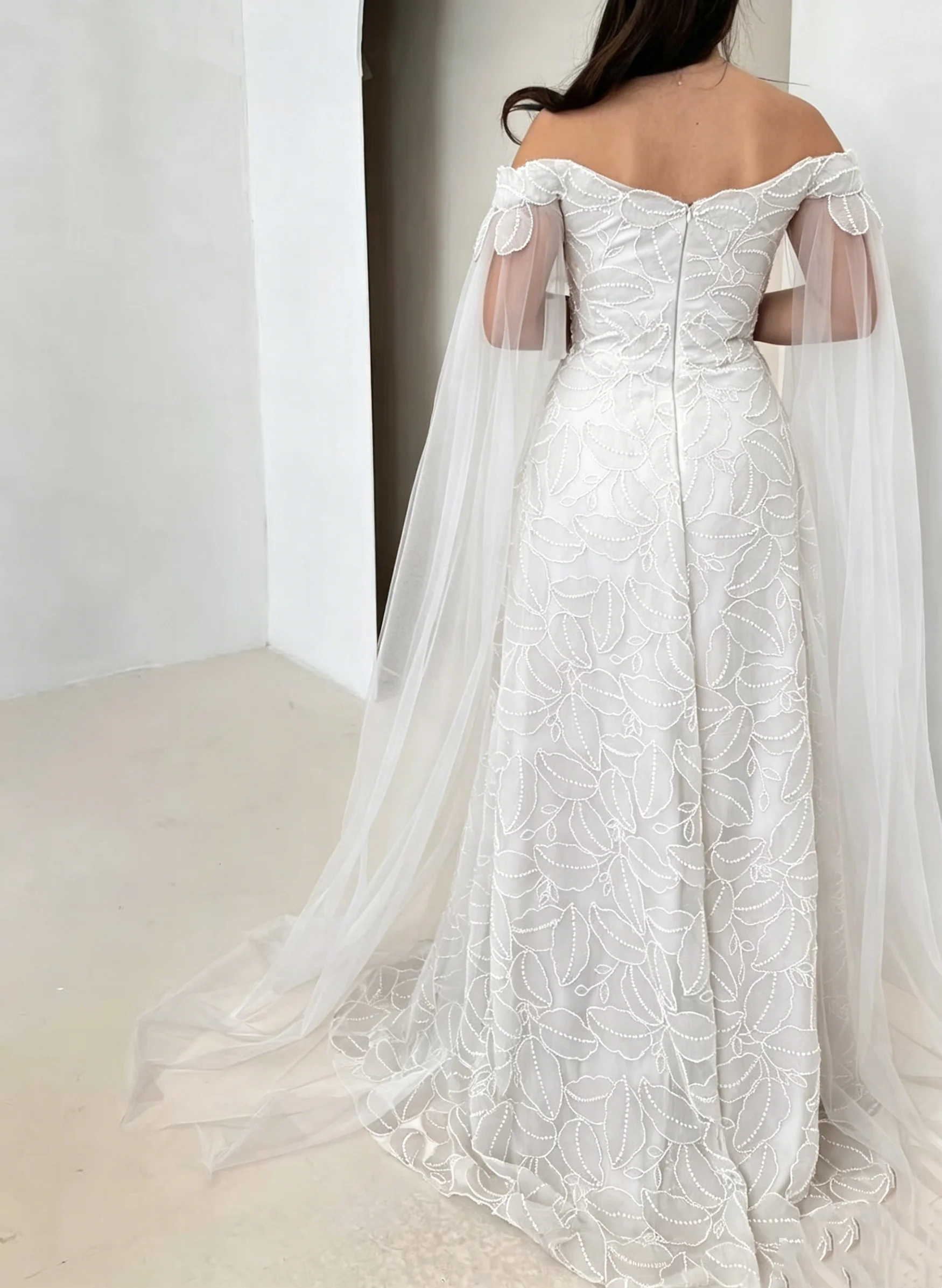 Off Shoulder White 3D Leaf Beaded Tulle Gown Long Cape Sleeve A Line Floor Length Formal Prom Wedding Guest Evening Dress Women