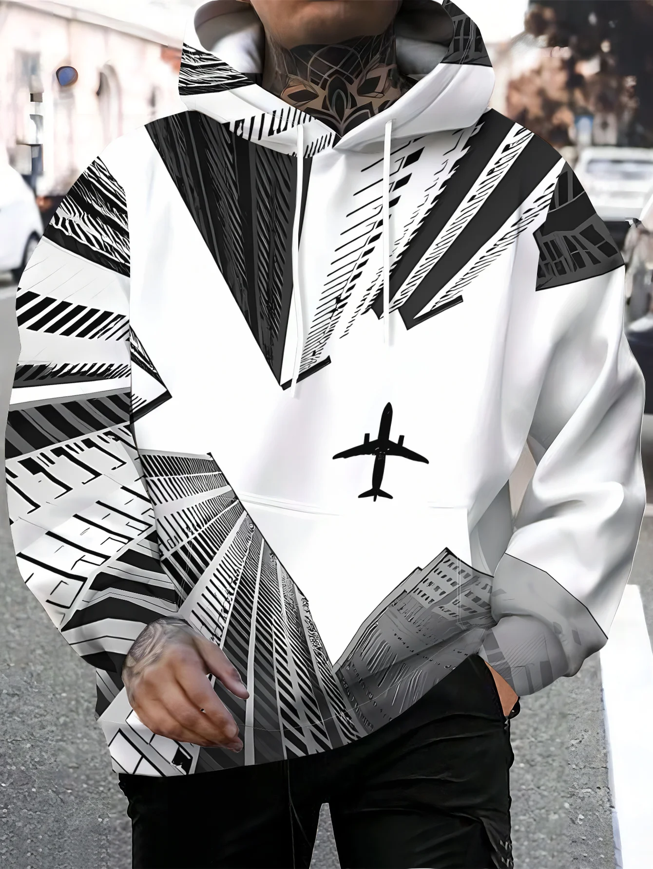 Men Black White Geometric City Building Airplane 3D Print Hoodie Travel Aviation Graphic Casual Long Sleeve Hooded Sweatshirt