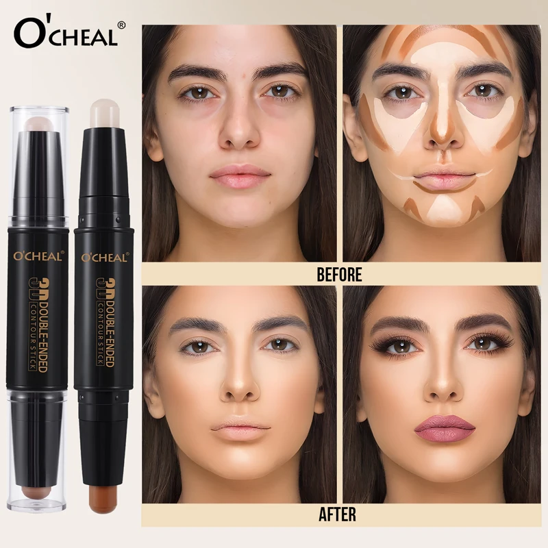 Double-headed contouring and highlighting stick, integrated facial brightening and shading pen, and under-eye contouring pen