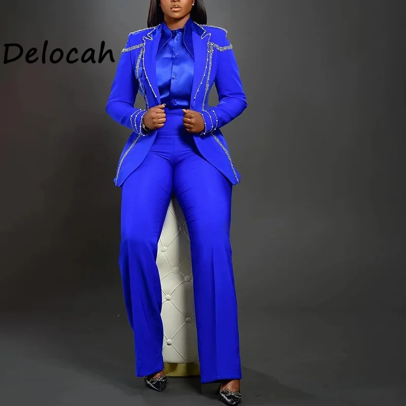 Delocah 2026 primavera nueva moda mujer cuello manga larga traje con cuentas de uñas abrigo + Pantalones de pierna recta conjunto de dos piezas