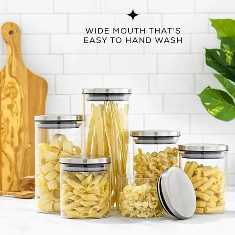 किचन कनस्तर सेट। ढक्कन सहित 6 काँच के जार (स्टेनलेस स्टील)। पेंट्री या काउंटर के लिए वायुरोधी खाद्य भंडारण कंटेनर। 8 best sales रसोई कनस्तर सेट - №5