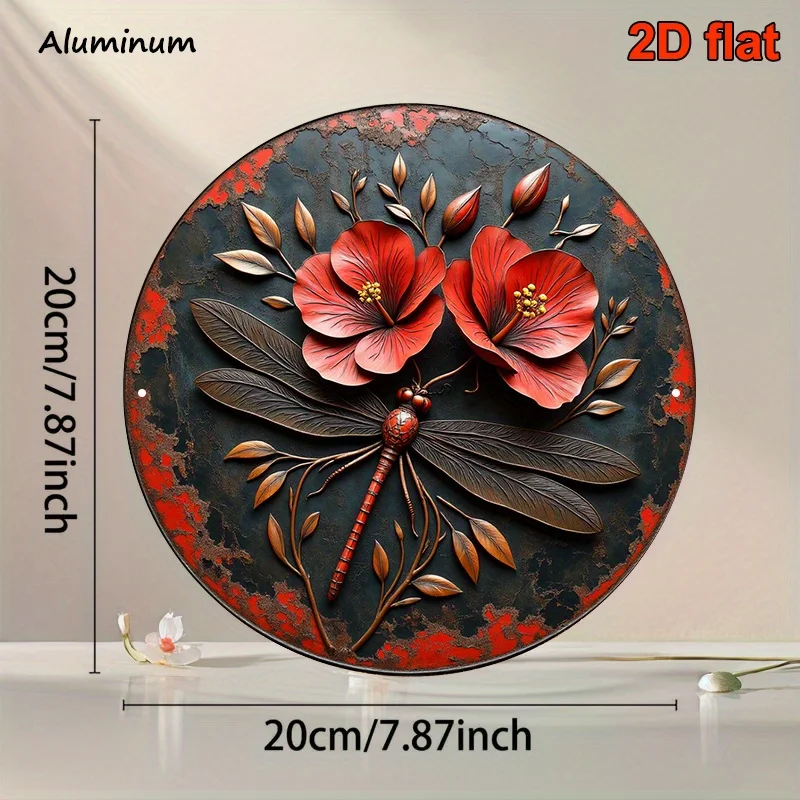 Custom Vintage Red Flower Butterfly Moth Round Aluminum Sign 8x8in Outdoor Floral Insect Wall Decor for Home Bar Cafe