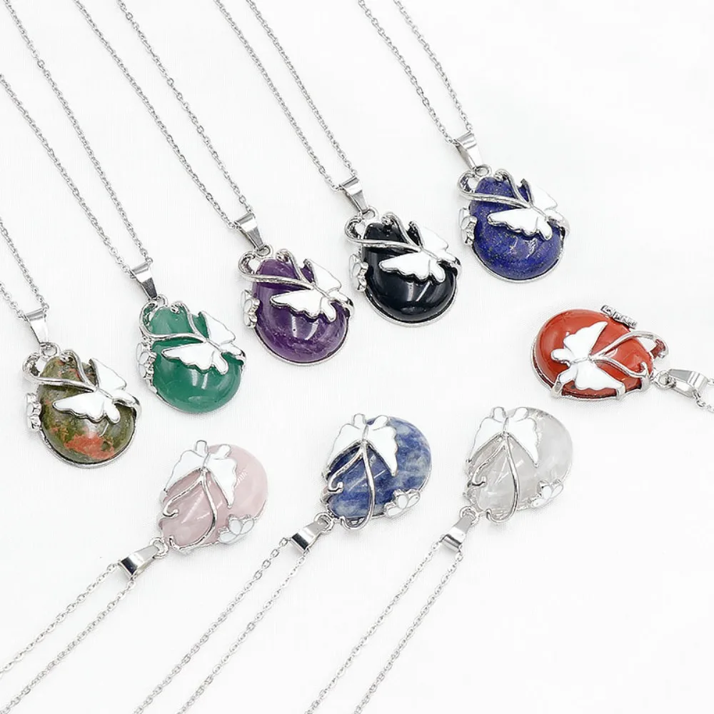 

Natural Stone Oval Pendant Necklace, Silver Plated Butterfly Charm Choker for Women