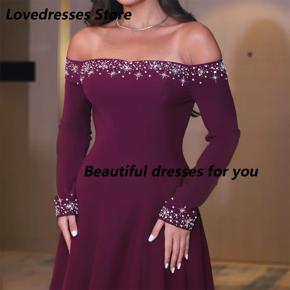 Damen-Abendkleid, maßgeschneidert, schulterfrei, U-Boot-Ausschnitt, Perlenstickerei, bodenlang, A-Linie, saudi-arabische Ballkleider, formelles Anlasskleid