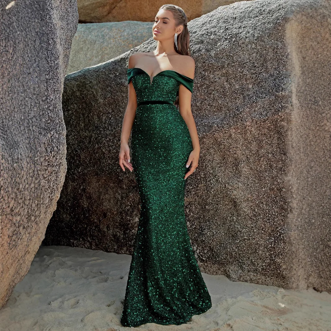 New Style Party Sequin Off-shoulder Split Dress Solid Color Elegant Slim Fit Fashion Evening Dress Clothes Y2k、 Prom