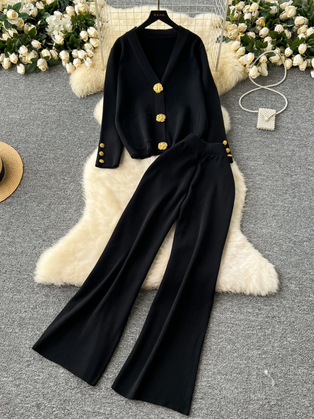 Elegant Women Long Pant Suits Autumn Winter All-Match Gold Buttons Knitted Cardigan+Solid Color Wide Leg Pant 2Pcs Set