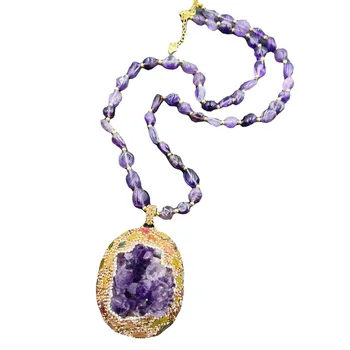 MVN057 Natural Raw Mineral Amethyst Tourmaline Raw Stone Necklace Anniversary Women Jewelry Hot Sale Recommendation