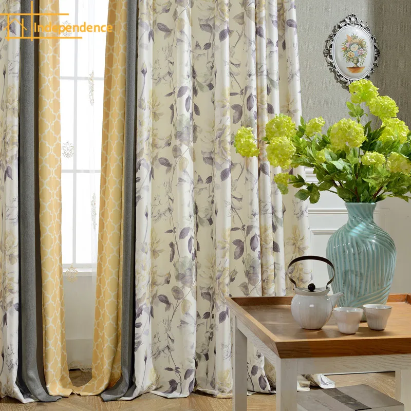 Blackout Good Sleep Yellow-gray Color Contrast Splicing Blackout Curtains for Living Room Dining Bedroom