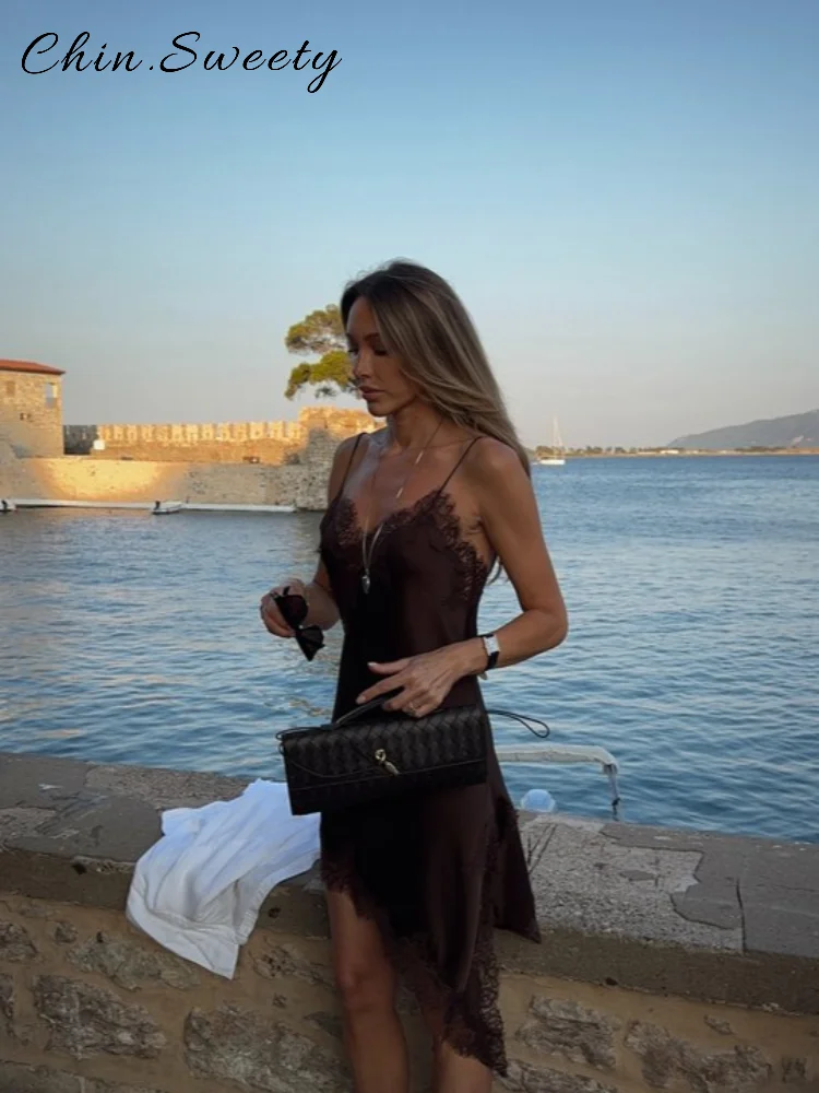 Elegant Satin Asymmetric Lace Patchwork Mini Dress Women Solid V-neck Sleeveless Sling Dresses 2025 Summer Lady Chic  Streetwear