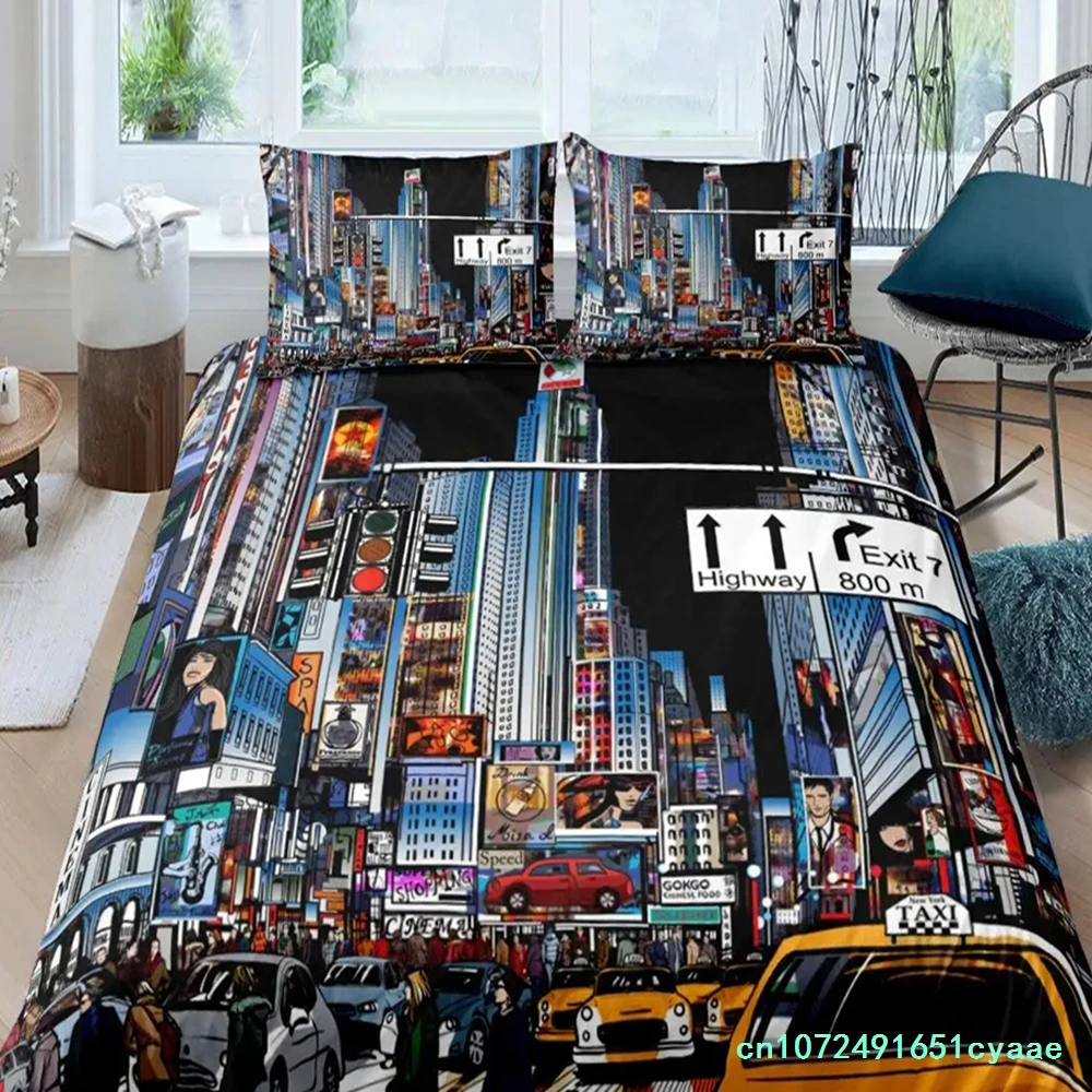 Cityscape Duvet Cover Set New York City Night View Quilt Cover For Boys Adults Microfiber Building Bedding Set 2/3Pcs King Size