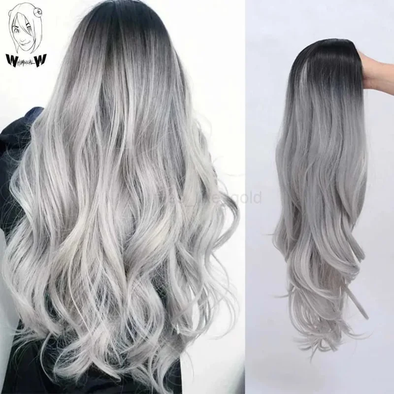 

Long bla to gray role-playing wig Halloween costume for women white long wave womens color synthetic hair natural party wig W 24