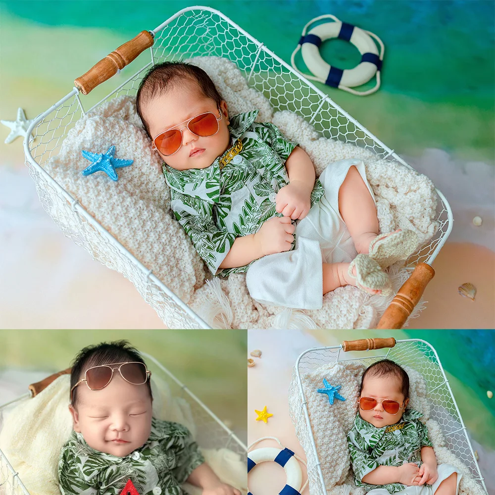 

Baby Boy Costume Printed Shirt Shorts Photography Outfit Ocean Background Prop Studio Summer Beach Vacation Style Shooting Theme