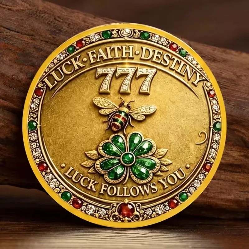 2D Lucky Bee Four-leaf Clover 777 Gold Plated Souvenir Coin Lucky Follows You Faith Destiny Collection Coin