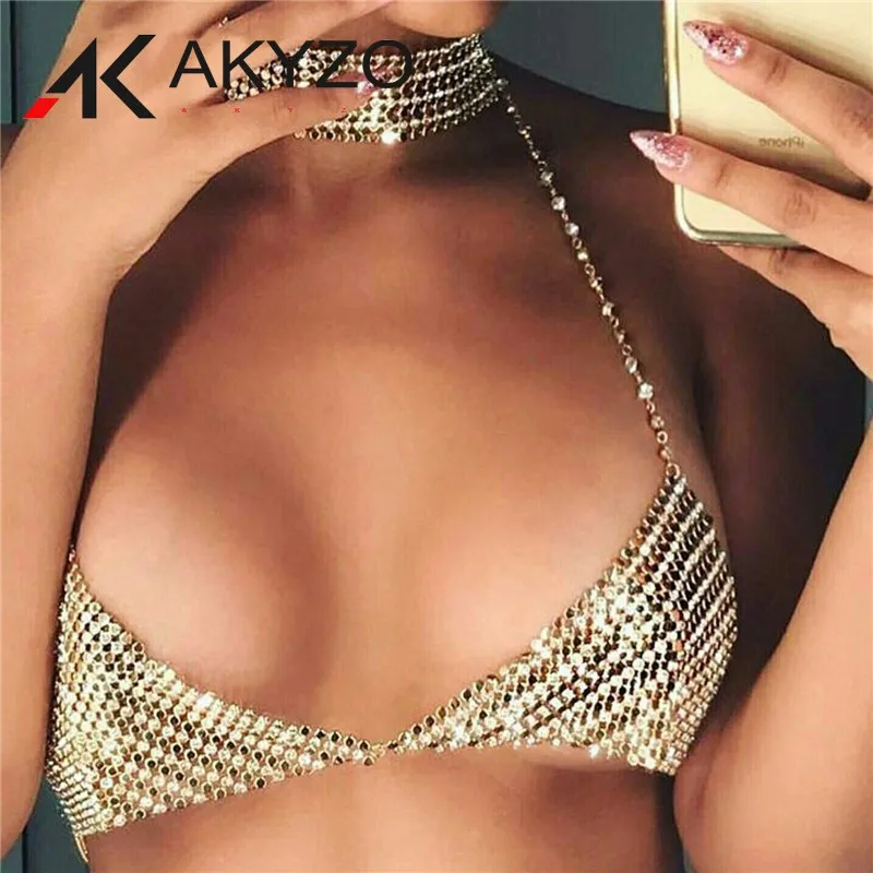 Summer New Rhinestone Metal Texture Suspender Top Sexy Backless Tassel Bralette Nightclub Beach Crop Tops for Women