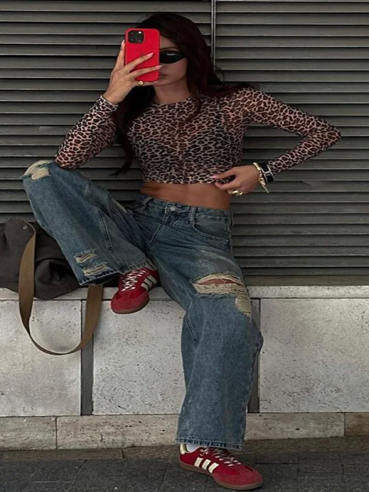 T-Shirt Sexy Moda Euro-Americana per Donne, Top in Rete Trasparente, Collo Tondo, Stampa Leopardata, Manica Lunga, Nuovo Stile Estivo