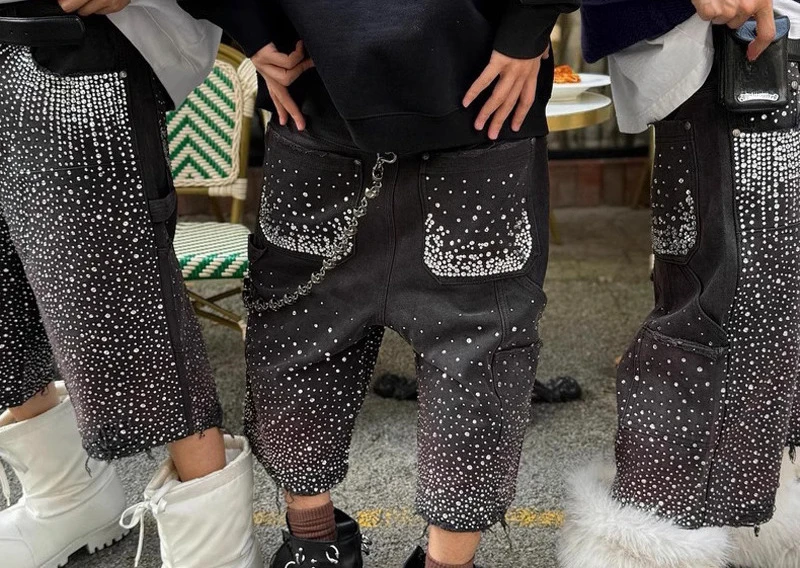 Men's 2025 Summer New Trendy Niche Short Pants High Street Hot Diamond Shorts Male Full Diamond Solid Color Denim Cropped Pants