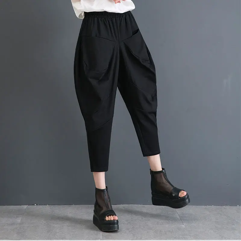 

Черные укороченные брюки с эластичной резинкой на талии для женщин весной и летом, новые свободные тонкие повседневные брюки большого размера с маленькими ногами, брюки-морковки Harren