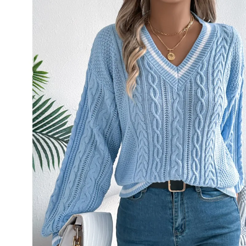 

Повседневный женский вязаный топ, весенне-осенний свободный однотонный топ с v-образным вырезом и рукавами-фонариками, простая удобная верхняя одежда для офисных женщин