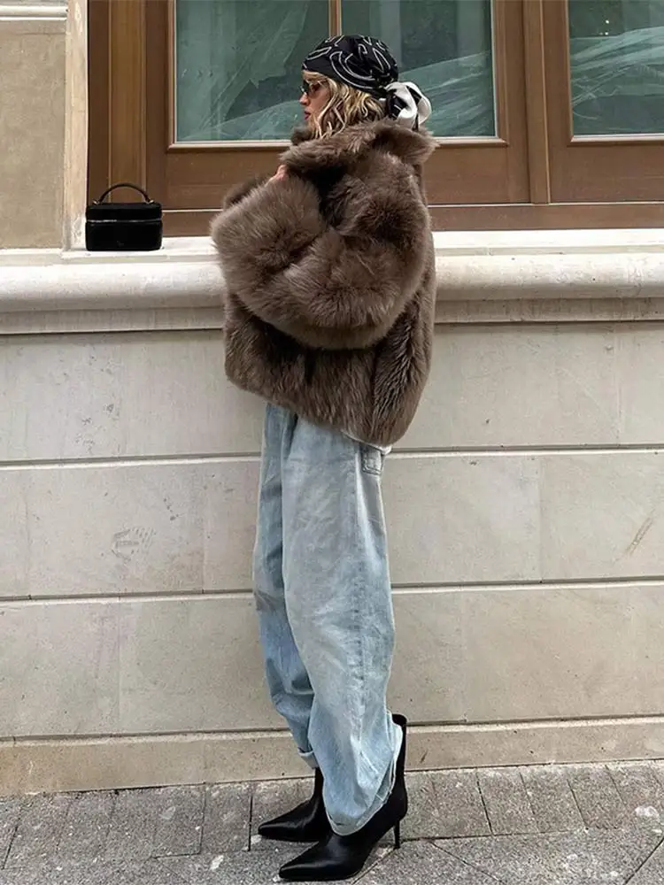 Chaqueta de piel sintética para mujer, abrigo corto de manga larga con solapa, color liso, moda de invierno, 2024