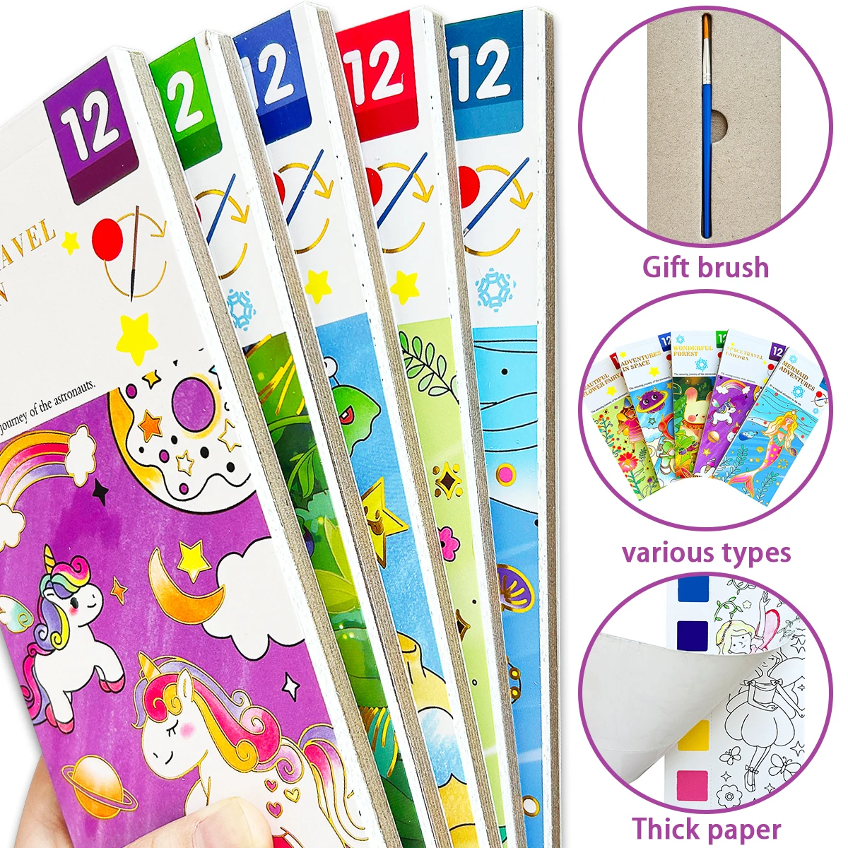 A set of 5 interesting watercolor picture books for children, each 12 pages long, with multiple theme safety coloring books