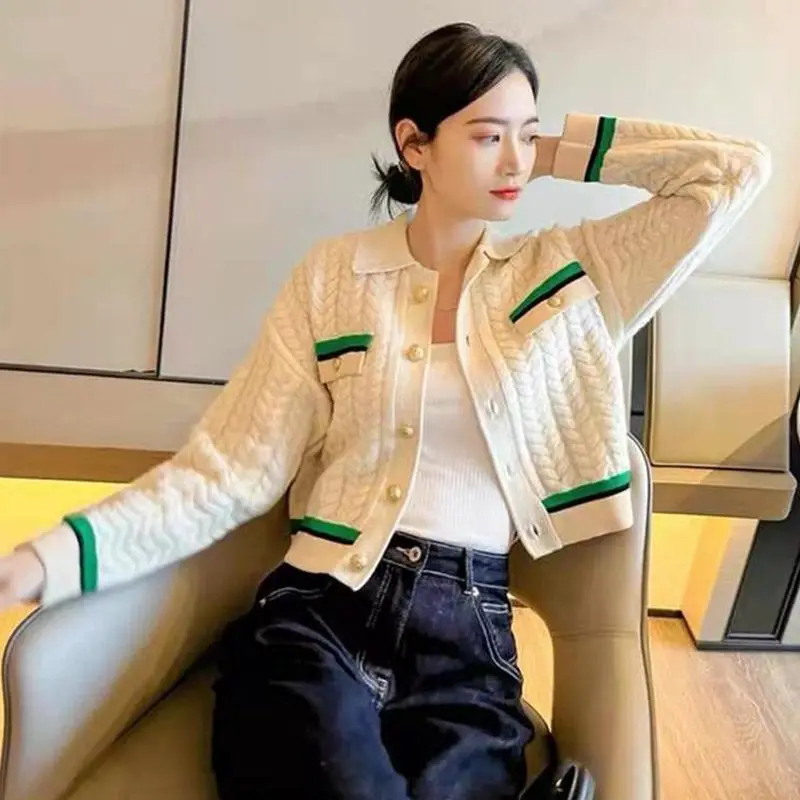 Women Sweater Autumn Winter Turn Down Collar Korean Fashion Style Cardigan Long Sleeve Elegant Y2K Top