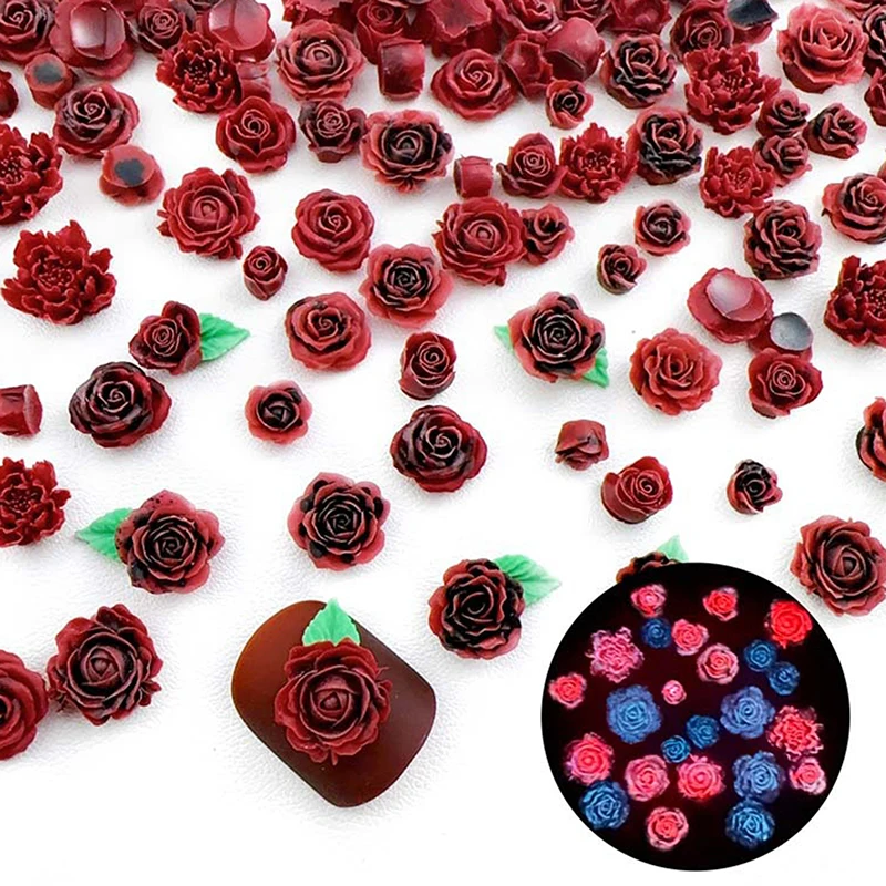 Random Mixed Wine Red Rose Nail Art Charms 3D Retro Resin Luminous Flowers Nail Decorations Accessories For Nails DIY Salon