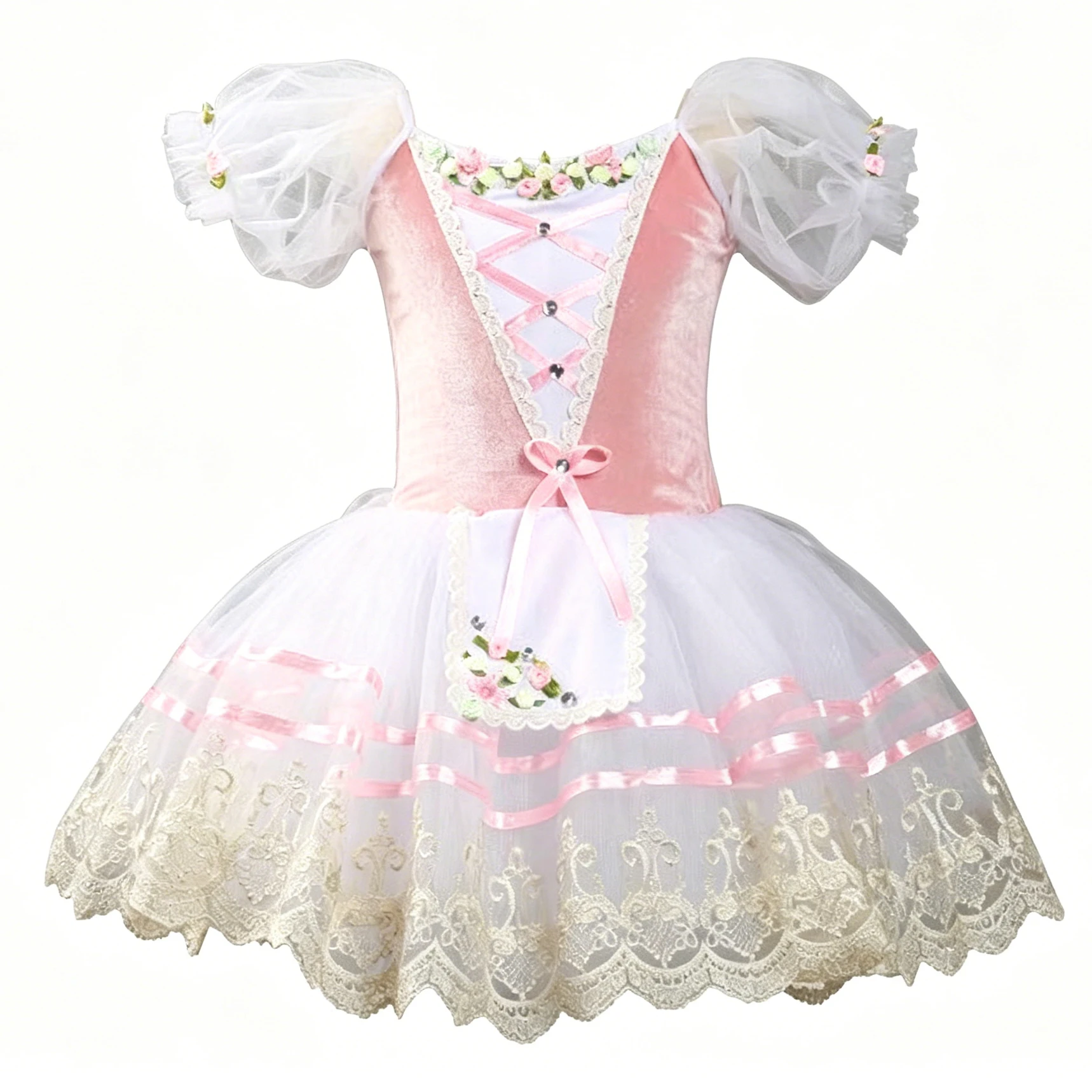 

Professional Elegant Gauzy Ballet Dress Puff Sleeve Flower Ribbon Embroidery Ballerina Party Dress Children Girl Dance Costumes