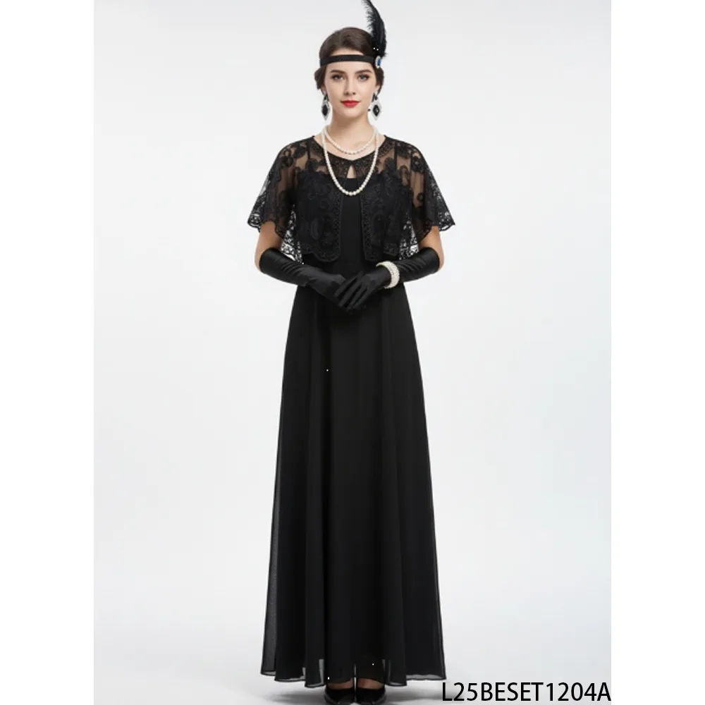 

PESENAR Vintage Party Set Black Lace Blouse, Pearl Jewelry Bracelet Necklace , Feather Headband