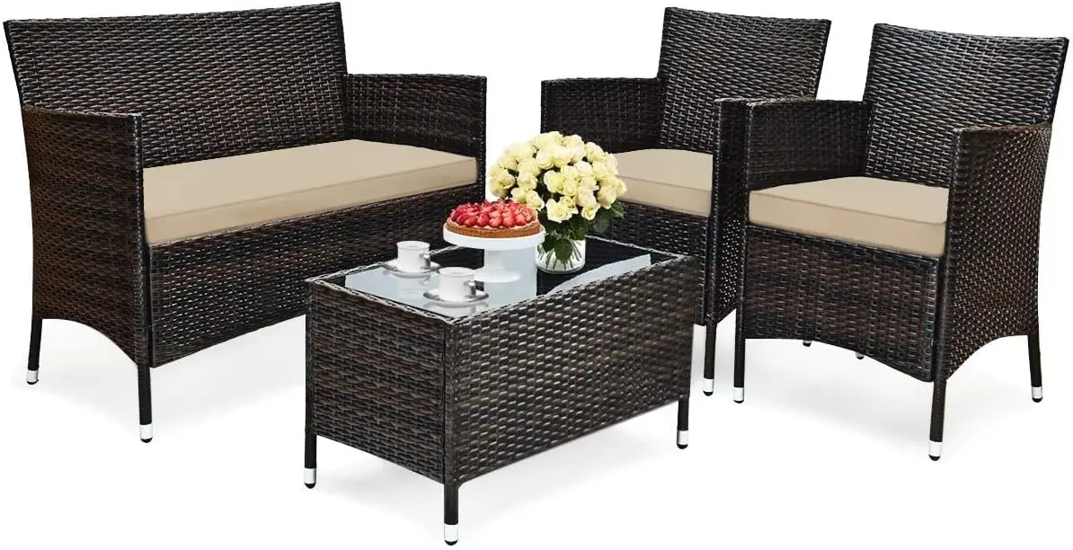 

4-Piece Patio Furniture Set Outdoor Rattan Wicker Conversation Set with Cushioned Sofa and Coffee Table for Porch Backyard