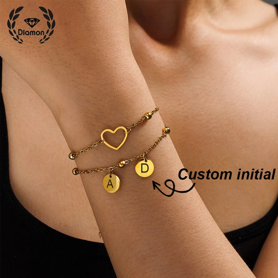 

Diamon Personalized Custom Initial Letter Double Layered Bracelet with Heart Stainless Steel Jewelry Gift for Couple Women Gift
