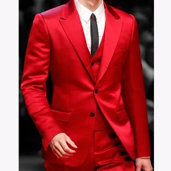 Slim Fit Red Men Suits for Prom Singer Stage 3 Piece Satin Wedding Groom Tuxedo Male Fashion Jacket Waistcoat with Pants