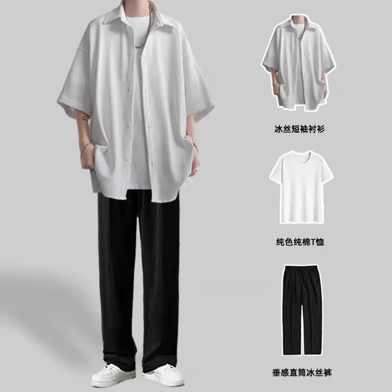 

White shirt men's high -level sense of summer thin short -sleeved shirt cold style seven -point sleeve