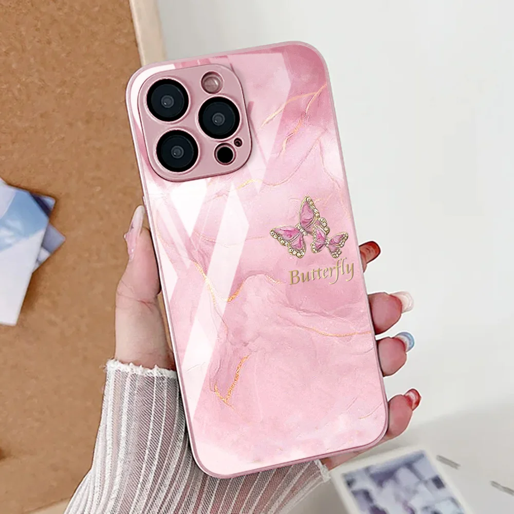 Чехол для телефона с мраморным узором и бабочкой для iPhone 17, 11, 15, 13, 16, 12, 14 Pro Max 17 Air 16E SE 2022 7 8 Plus XR, чехол из закаленного стекла Чехол для телефона с мраморным узором и бабочкой для iPhone 17, 11, 15, 13, 16, 12, 14 Pro Max 17 Air 16E SE 2022 7 8 Plus XR, чехол из закаленного стекла