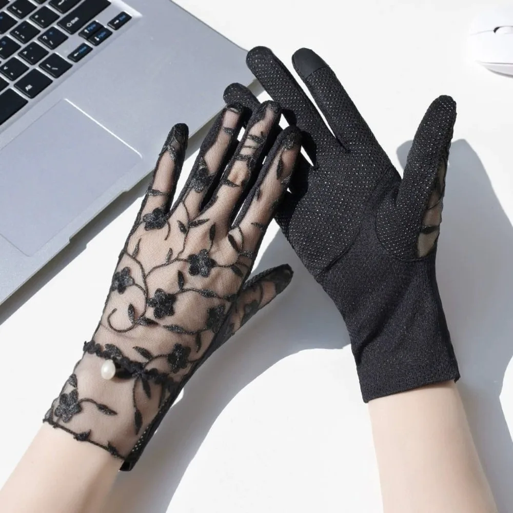 

Floral Embroidery Touchscreen Gloves Non-Slip Grip Pearl Decor Riding Driving Gloves Thin Breathable Driving Mittens Anti-UV