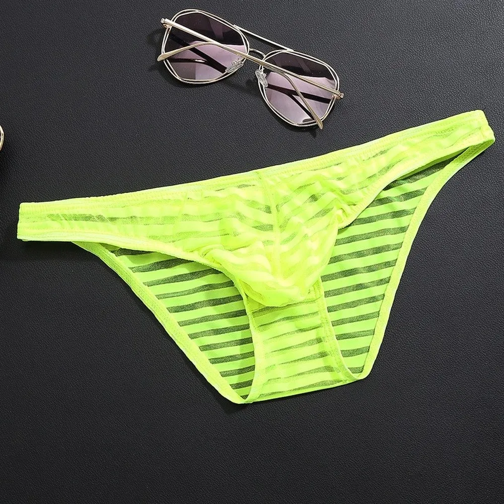 Men'S Briefs Mesh Striped Transparent Underwear Thin Ice Silk Low Waist Panties Sexy Breathable Bulge Pouch Underpants Slip