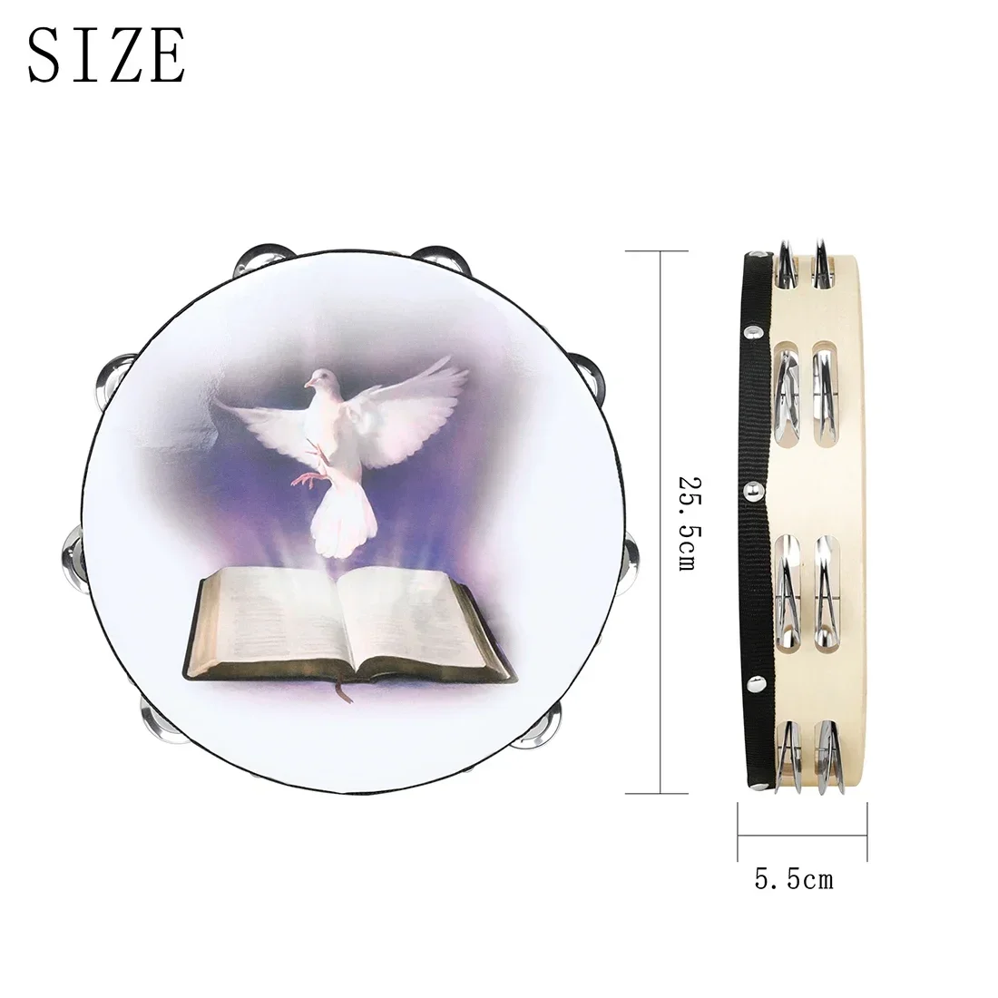 10 Inch Bible Peace Dove Tambourine Double Layered Hand Cranked Bell Drum Tambourine for Kids/Church/Wedding Musical Instrument