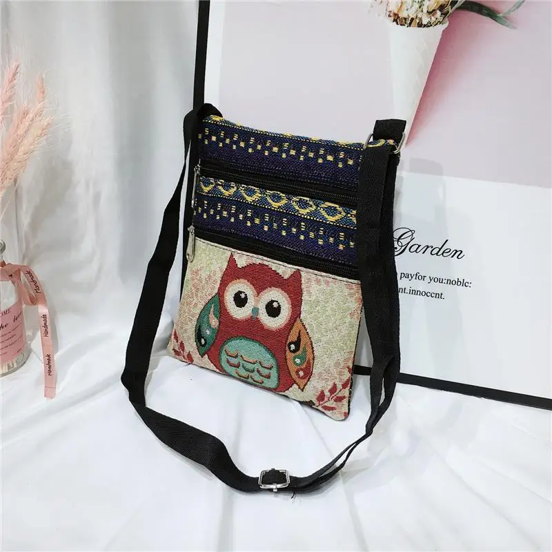 Cute Lady Shoulder Bag Owl Print Messenger Flap Bag Female Mini Canvas Ladies Double Zipper Ladies Messenger Bag 2024